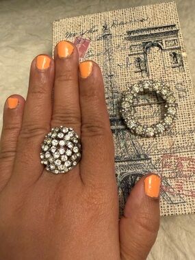 2 Piece Crystal Cluster Cocktail Ring and matching silver circle brooch